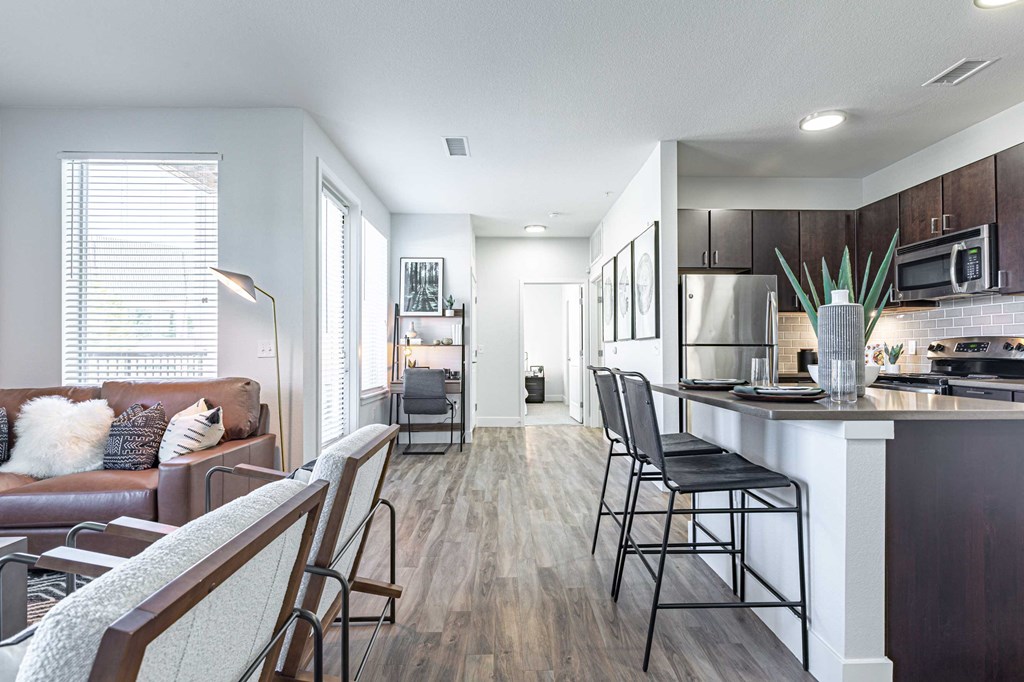 a kitchen and living room