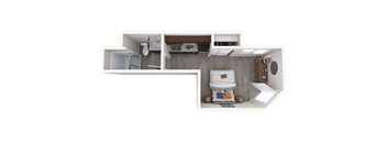 A 3D floor plan of a small apartment with a kitchen, living room, and bathroom.