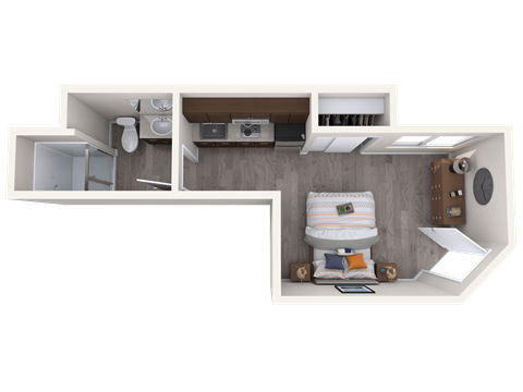 A 3D floor plan of a small apartment with a kitchen, living room, and bathroom.