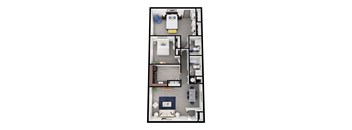 A floor plan of a small apartment with a kitchen, living room, and bathroom.
