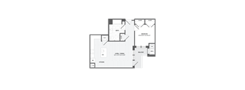 A floor plan of a house with a kitchen, living room, dining room, two bedrooms, and a balcony.