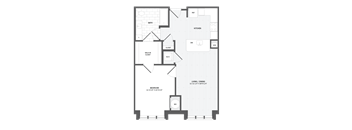 A floor plan of a house with a bedroom, bathroom, kitchen, and living room.