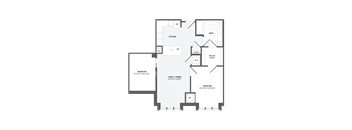 A floor plan of a house with a living room, dining room, kitchen, two bedrooms, a bathroom, a walk-in closet, and an attic.