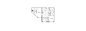 A floor plan of a house with two bedrooms, a living room, a kitchen, a bathroom, and a walk-in closet.