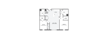 A floor plan of a house with two bedrooms, a living area, a kitchen, a bathroom, a laundry area, and a walk-in closet.