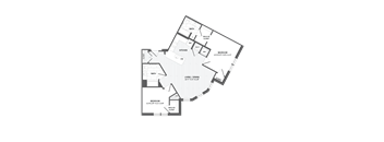 A floor plan of a house with a bathroom, kitchen, and two bedrooms.