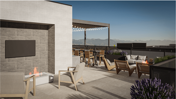 a rendering of a terrace with tables and chairs and a fireplace