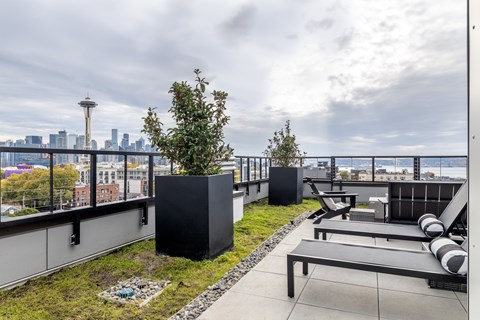 A balcony with a view of the city skyline and a black planter.