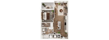A top-down view of a modern apartment layout with a living room, kitchen, and bathroom.