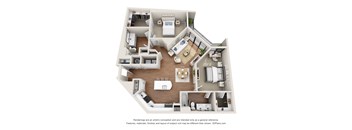 A 3D floor plan of a house with a living room, kitchen, and two bedrooms.