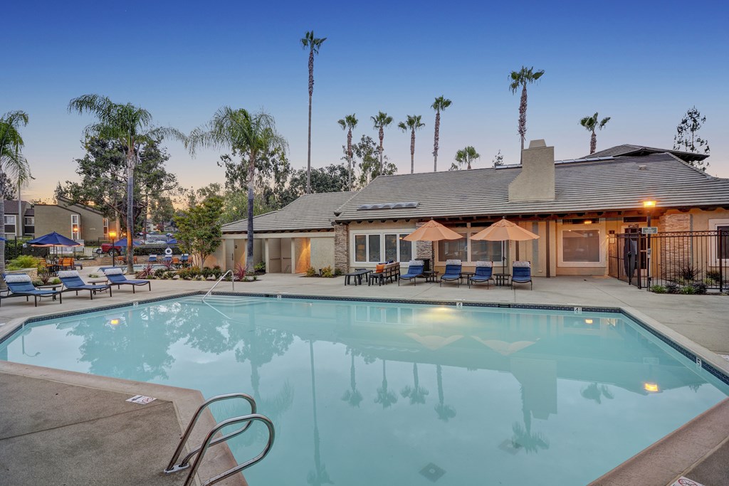 A swimming pool in front of a house with a patio and palm trees.
