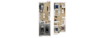 A floor plan of a two-story home with a living room, kitchen, and two bedrooms.