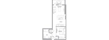 A floor plan of a small apartment with a living room, kitchen, bathroom, and bedroom.