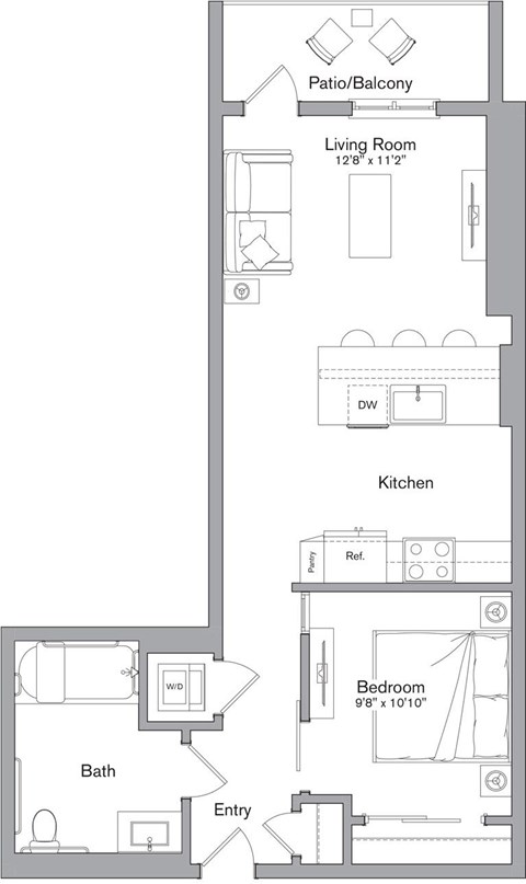 A floor plan of a small apartment with a living room, kitchen, bathroom, and bedroom.