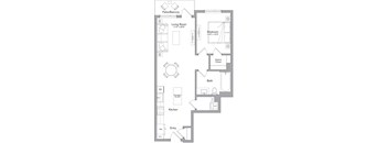 A floor plan of a house with a living room, kitchen, bath, and bedroom.