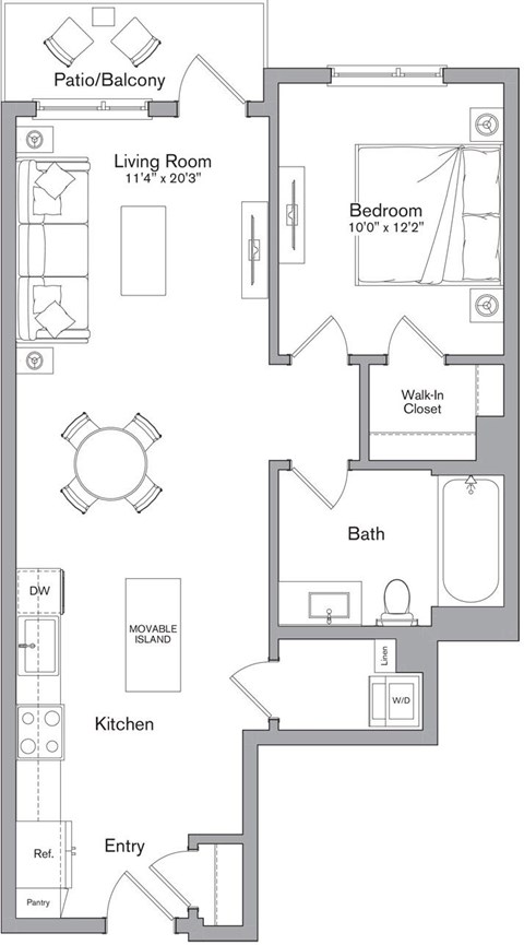 A floor plan of a house with a living room, kitchen, bath, and bedroom.
