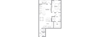 A floor plan of a house with a living room, kitchen, bathroom, and two bedrooms.