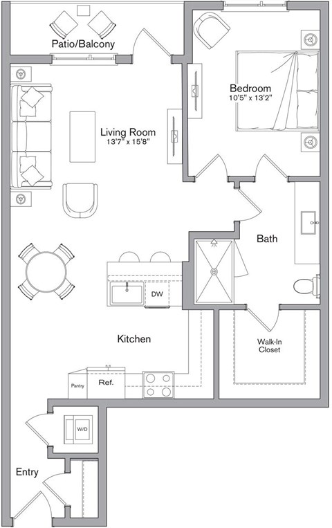 A floor plan of a house with a living room, kitchen, bathroom, and two bedrooms.