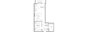 A floor plan of a small apartment with a living room, kitchen, bedroom, and bathroom.