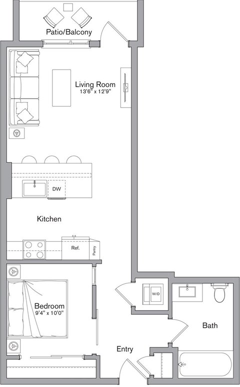 A floor plan of a small apartment with a living room, kitchen, bedroom, and bathroom.