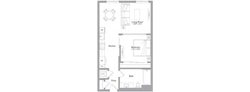 A floor plan of a small apartment with a living room, kitchen, bathroom, and bedroom.