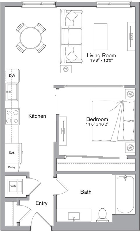 A floor plan of a small apartment with a living room, kitchen, bathroom, and bedroom.