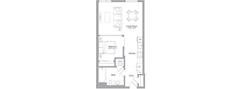 A floor plan of a small apartment with a living room, bedroom, kitchen, bathroom, and entry.