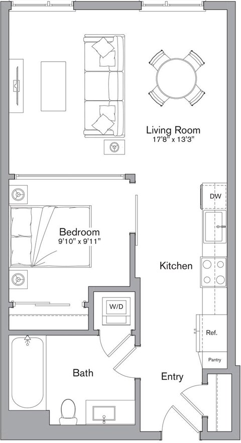 A floor plan of a small apartment with a living room, bedroom, kitchen, bathroom, and entry.