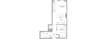 A floor plan of a small apartment with a living room, kitchen, bathroom, and bedroom.