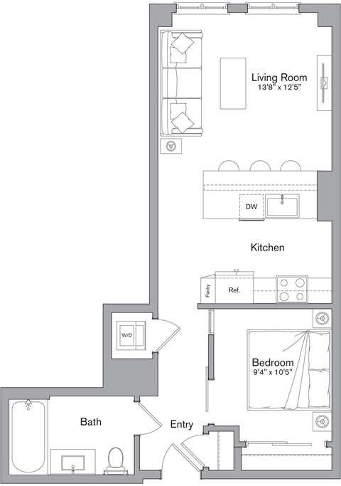 A floor plan of a small apartment with a living room, kitchen, bathroom, and bedroom.