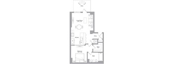 A floor plan of a house with a living room, kitchen, bedroom, bathroom, and walk-in closet.