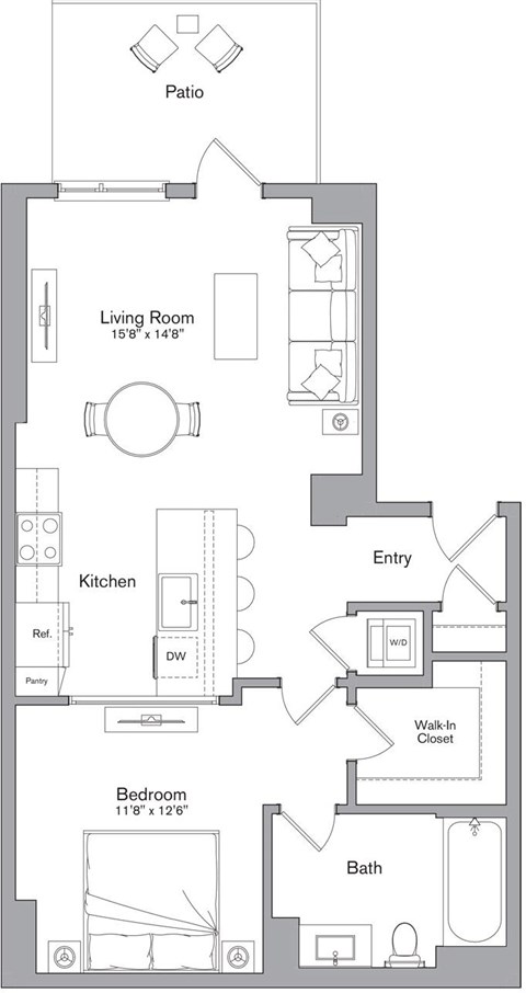 A floor plan of a house with a living room, kitchen, bedroom, bathroom, and walk-in closet.