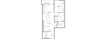 A floor plan of a house with a living room, kitchen, bathroom, and bedrooms.