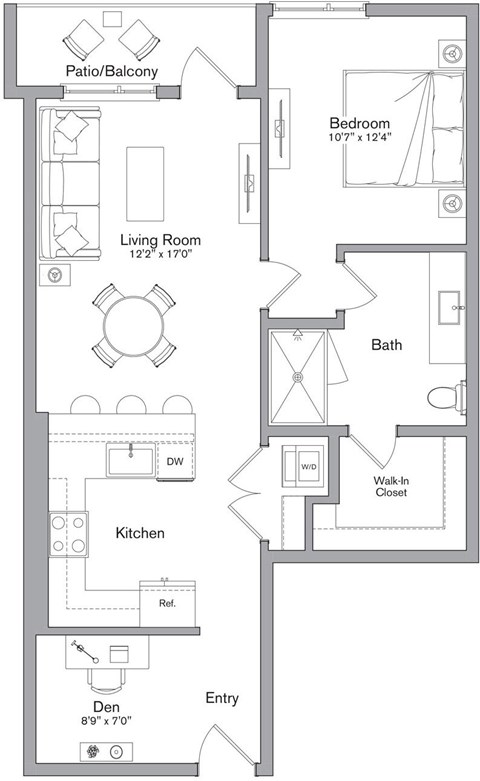 A floor plan of a house with a living room, kitchen, bathroom, and bedrooms.