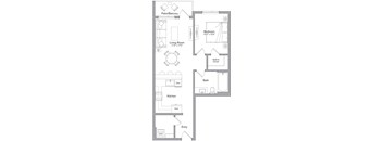 A floor plan of a home with a living room, kitchen, bath, and bedroom.