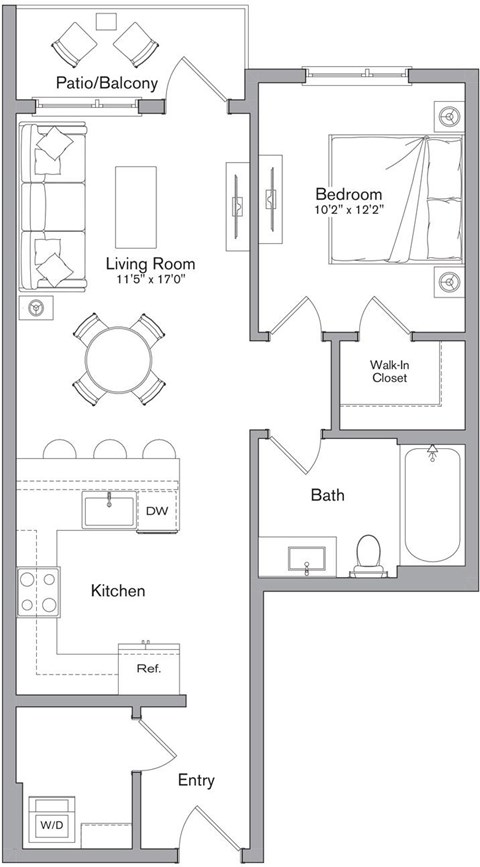 A floor plan of a home with a living room, kitchen, bath, and bedroom.