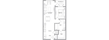 A floor plan of a home with a living room, kitchen, bath, and bedroom.