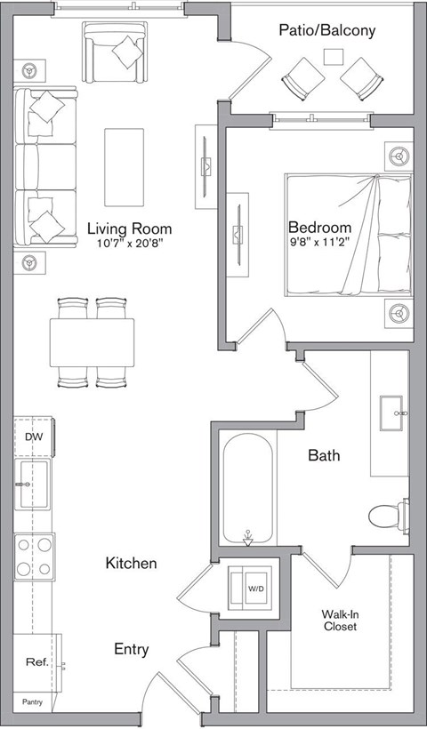 A floor plan of a home with a living room, kitchen, bath, and bedroom.