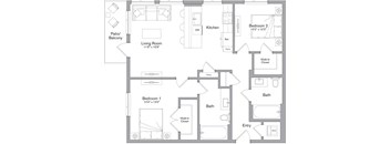 A floor plan of a house with a living room, two bedrooms, a kitchen, a bath, and an entry.