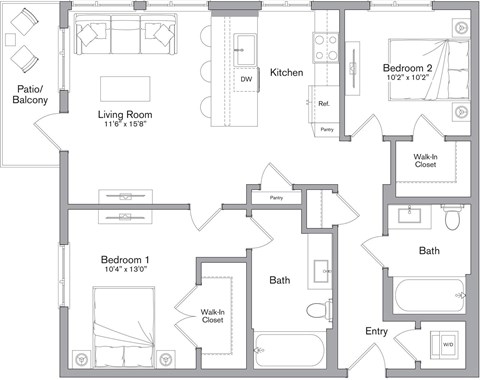 A floor plan of a house with a living room, two bedrooms, a kitchen, a bath, and an entry.