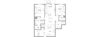 A floor plan of a home with a living room, two bedrooms, a bathroom, a kitchen, and a den.