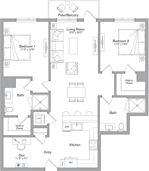 A floor plan of a home with a living room, two bedrooms, a bathroom, a kitchen, and a den.