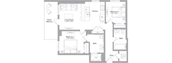 A floor plan of a house with a living room, two bedrooms, a kitchen, a bath, and an entry.