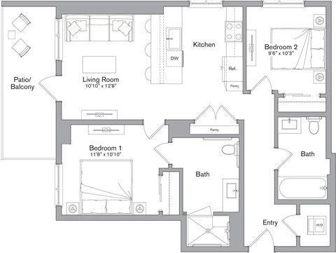 A floor plan of a house with a living room, two bedrooms, a kitchen, a bath, and an entry.