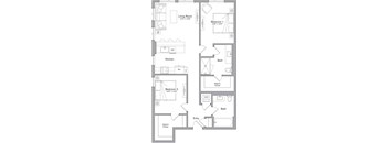 A floor plan of a two bedroom apartment with a living room, kitchen, and bathroom.