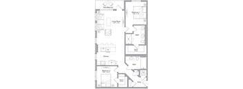 A floor plan of an apartment with two bedrooms, a living room, a kitchen, a bath, and a patio/balcony.
