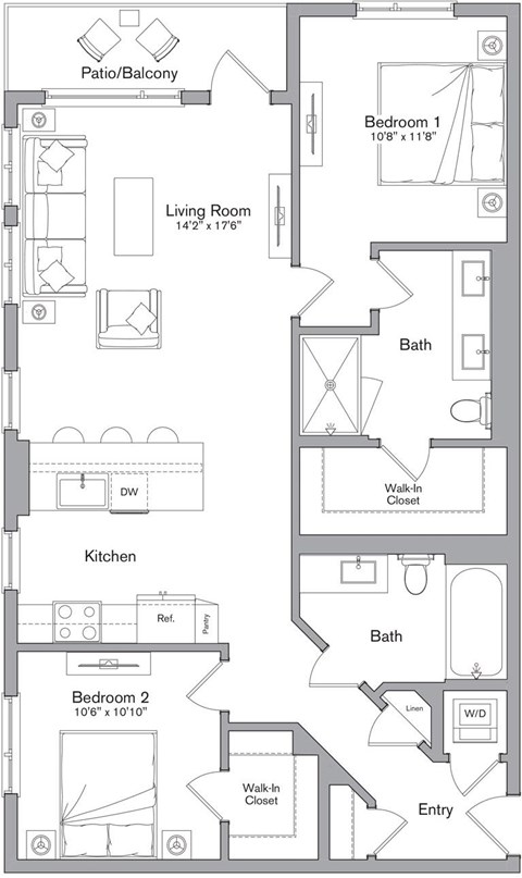 A floor plan of an apartment with two bedrooms, a living room, a kitchen, a bath, and a patio/balcony.