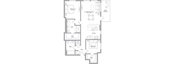 A floor plan of a home with two bedrooms, a living area, a kitchen, a bathroom, and an entry.