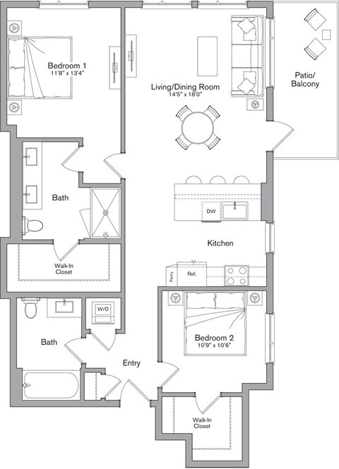 A floor plan of a home with two bedrooms, a living area, a kitchen, a bathroom, and an entry.
