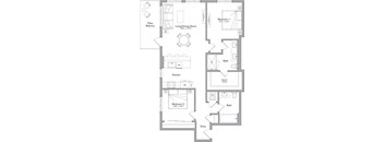 A floor plan of a home with two bedrooms, a living/dining room, a kitchen, a patio balcony, and a walk-in closet.